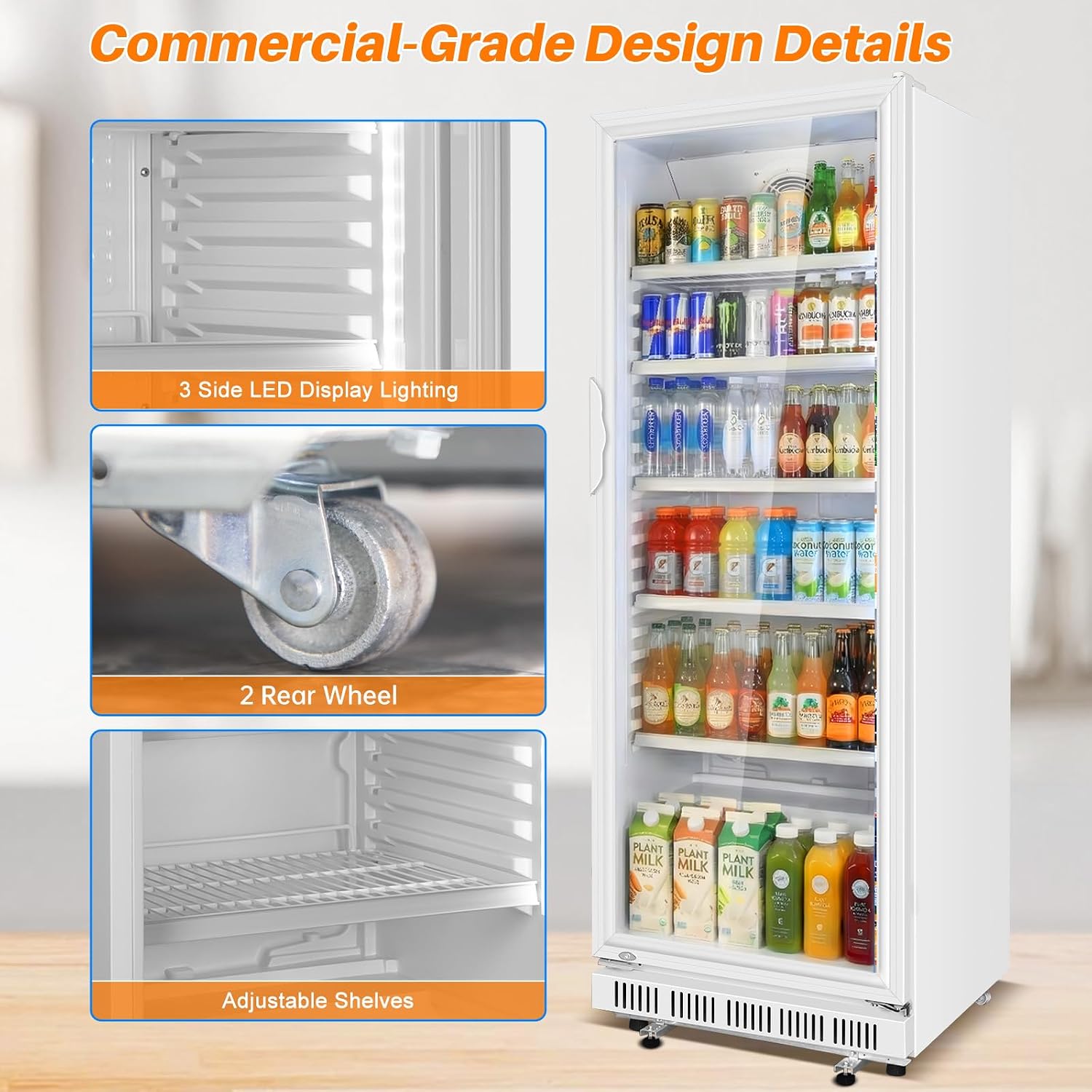 Velivi Commercial Beverage Refrigerator, 24.5' Glass Door Display Fridge, 15 Cu.Ft Beverage Cooler with 5 Adjustable Shelves, Auto Rebound Door, Low Noise, for Shops, Restaurants & Bars WHITE