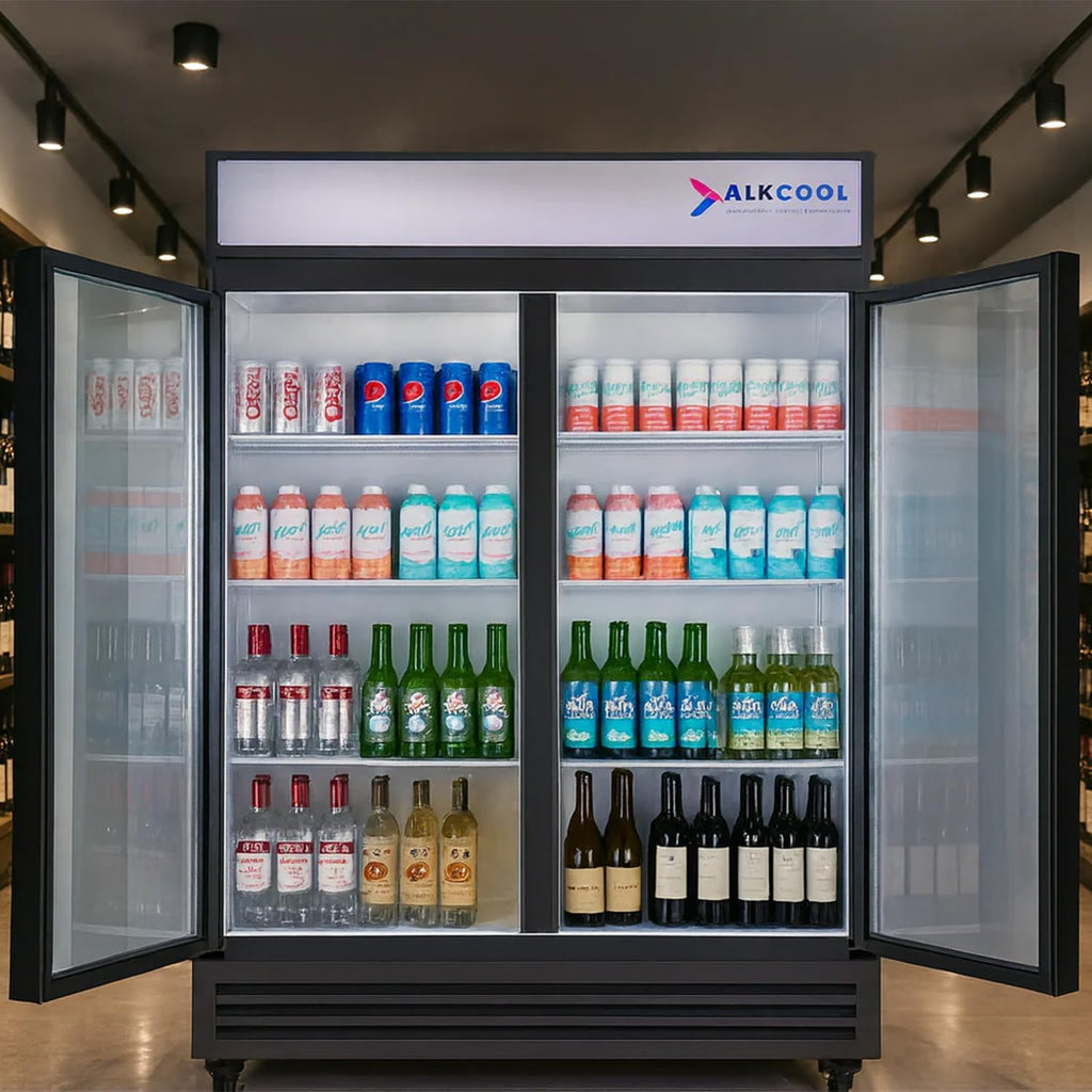 Commercial Beverage Refrigerator Display Fridge,46 Cu Ft Two Glass Door Upright Merchandiser Drink Cooler with LED Light Adjustable Shelves,ETL and NSF Approval,Hinge
