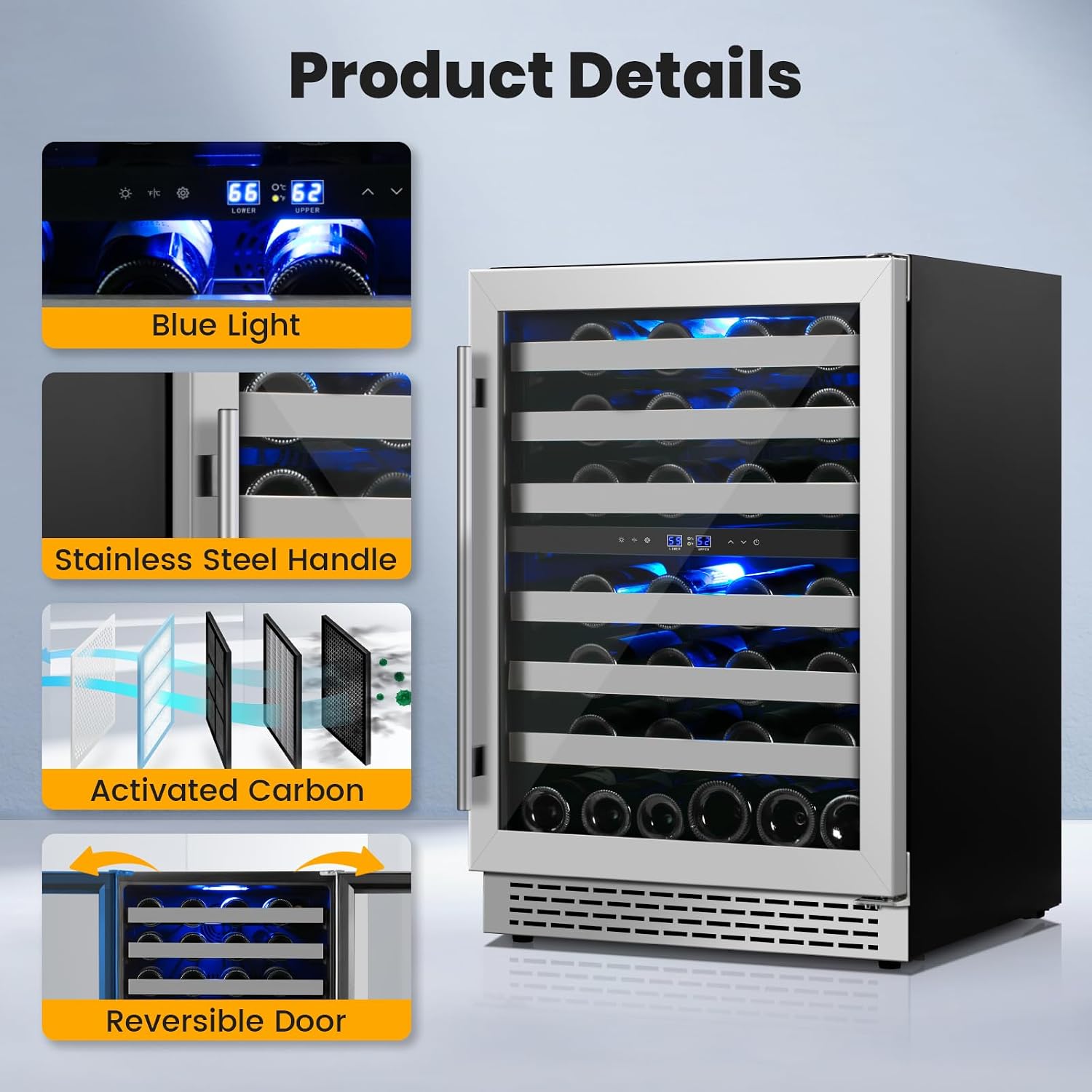 24 Inch Wine Cooler & Fridge Under Counter,54 Bottle Dual Zone Wine Cooler,New Upgrade Compressor,Blue Light Built-in/Freestanding,Reversible Stainless Steel Door Wine Fridge for Home/Kitchen
