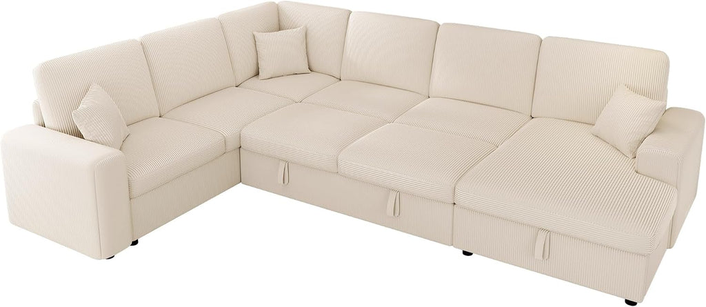VanAcc 130' Sofa Bed, Sectional Sleeper Sofa with Pull Out Bed, Sleeper Couch with Storage, 6 Seater Couch for Living Room, Corduroy Off-White