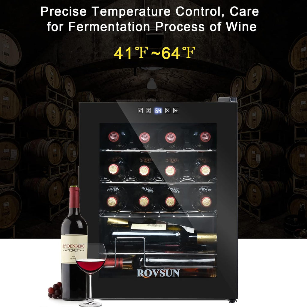 ROVSUN 22''H Small Wine Fridge with Compressor, 16 Bottles Freestanding Wine Cooler Refrigerator with Touch Panel Control and Glass Door, Wine Cellar for Red, White, Champagne or Sparkling, 41-64°F