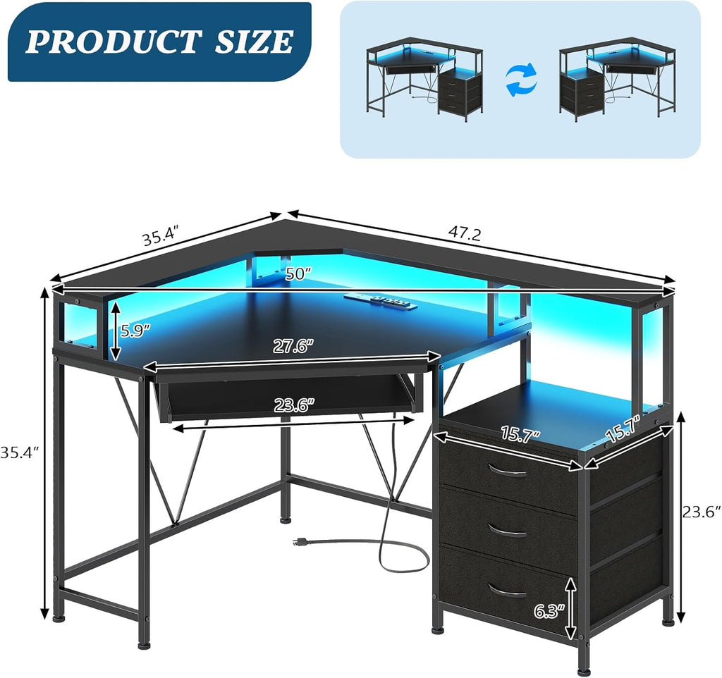 YOMILUVE Small Corner Desk with Drawers, Corner Gaming Desk with Power Outlets & Printer Shelf for Small Space, Triangle Computer Desk with LED Lights, Keyboard Tray and Monitor Stand, Black