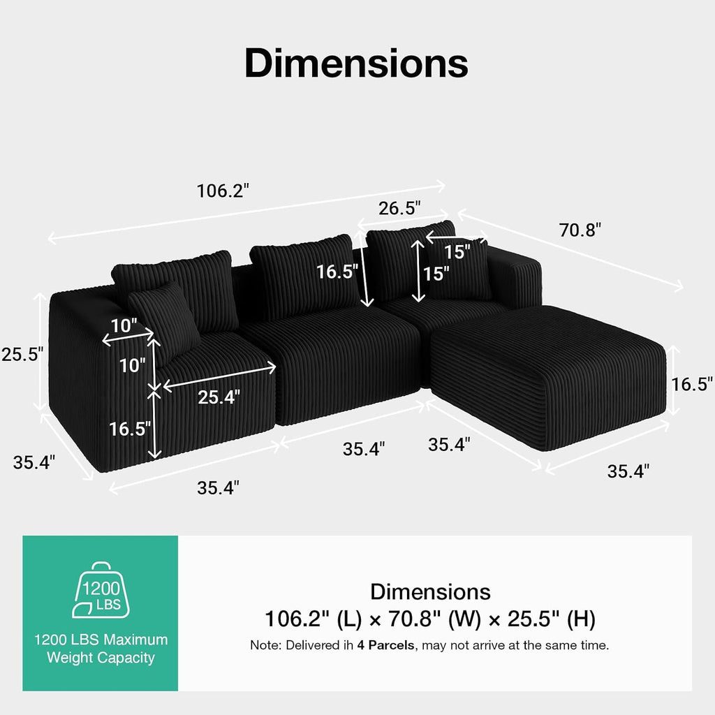 Novilla 106' Modular Sectional Sofa, Modern Cloud Sectional Couch with Smarts Coil® Support, L-Shape Boneless Couch for Living Room Apartments Bedroom, No Assembly Required (3 Seat w/ 1 Ottoman)