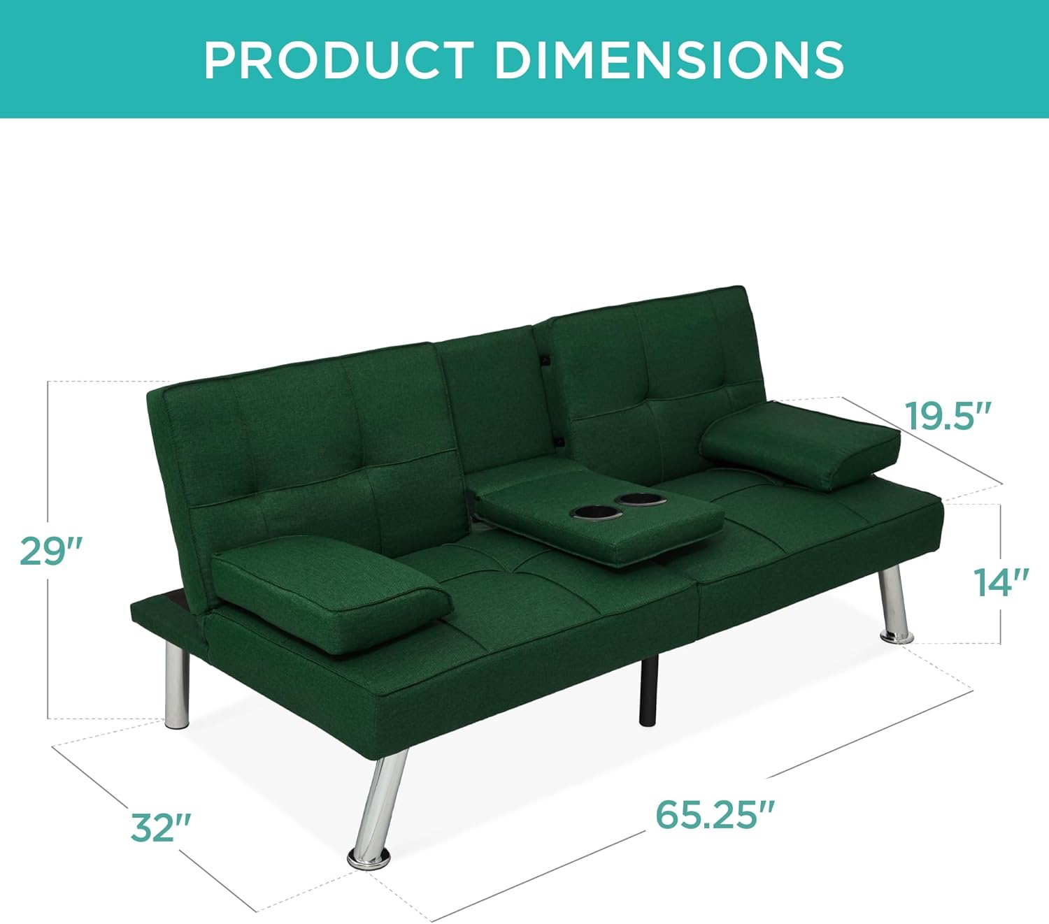 Best Choice Products Linen Modern Folding Futon, Reclining Sofa Bed for Apartment, Dorm w/Removable Armrests, 2 Cupholders - Dark Green