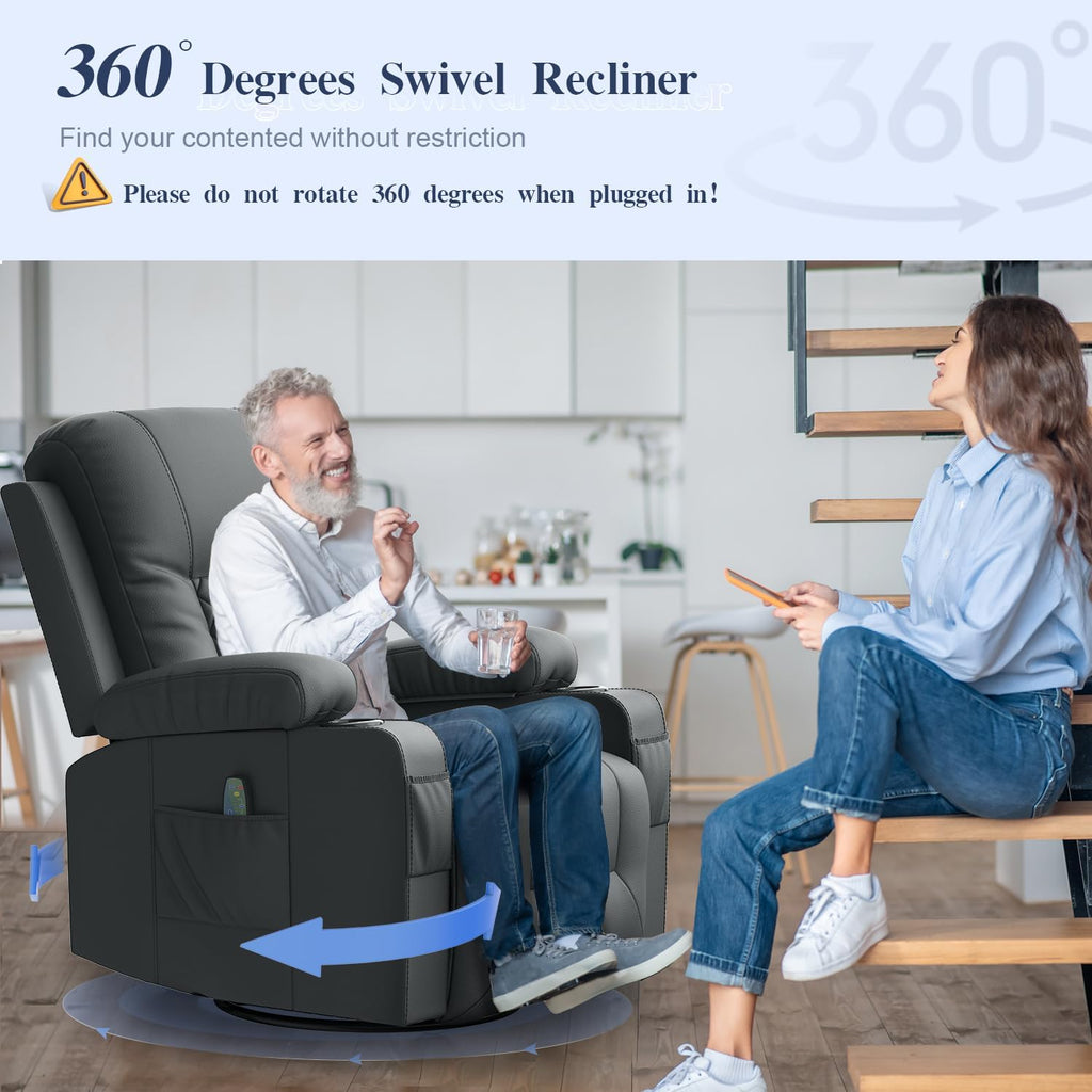 FURNIMAT Recliner Chairs for Adults, Massage Rocker with Heated Modern Ergonomic Lounge 360 Degree Swivel Single Sofa Seat Living Room Lounge Recliners Gray