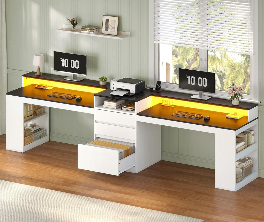 96.6' Long Computer Desk, 2 Person Desk with LED Lights & Power Outlet, Modern Two Person Gaming Desk with File Drawers, Monitor Stand, Printer Shelf ＆ Storage, Double Table for Home Office White