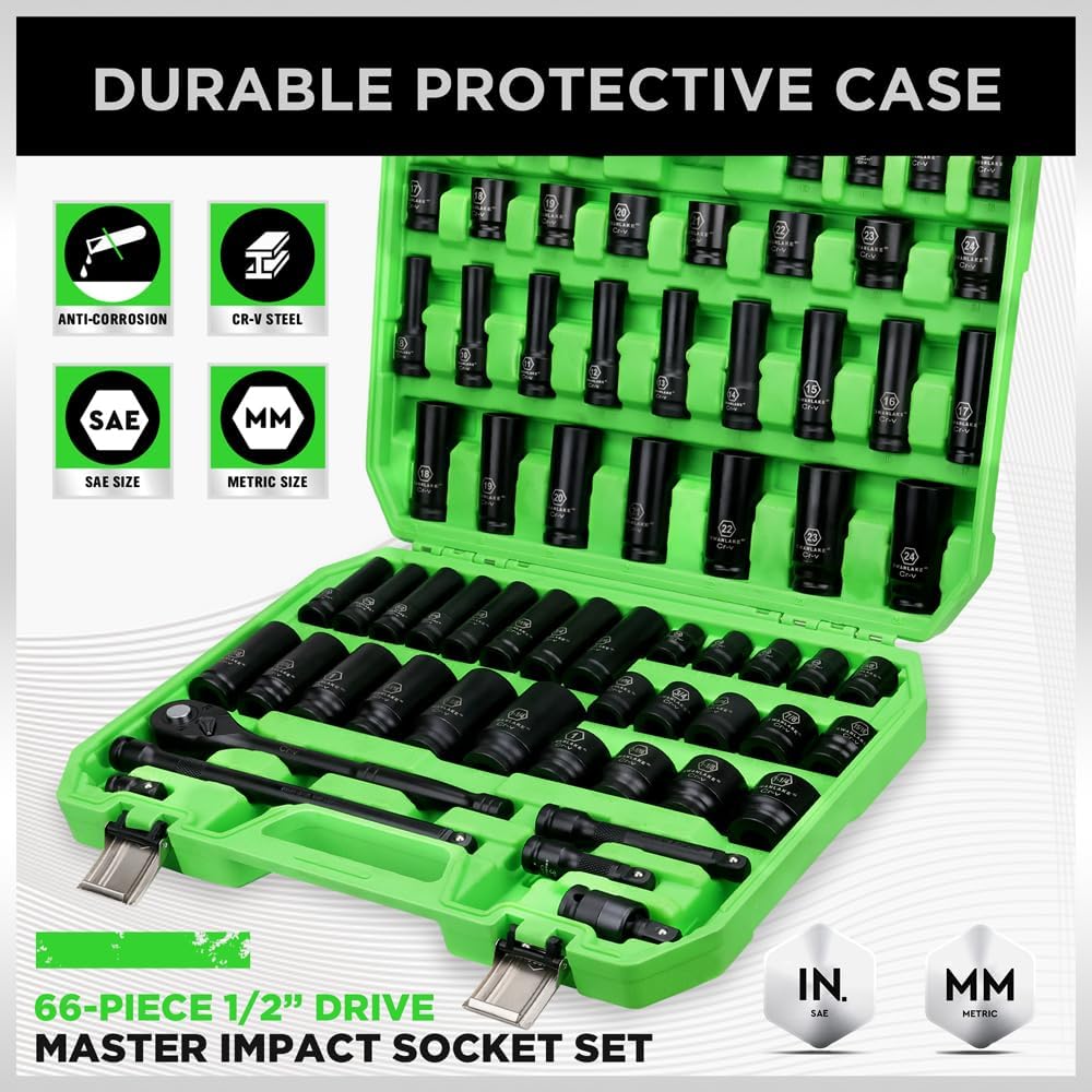 SWANLAKE 1/2' Drive Impact Socket Set, 66-Piece Standard SAE (3/8'-1-1/4') and Metric (8-24mm) Size, 6 Point, Cr-V, 1/2-Inch Drive Ratchet Handle, Extension Bar, Impact Universal Joint