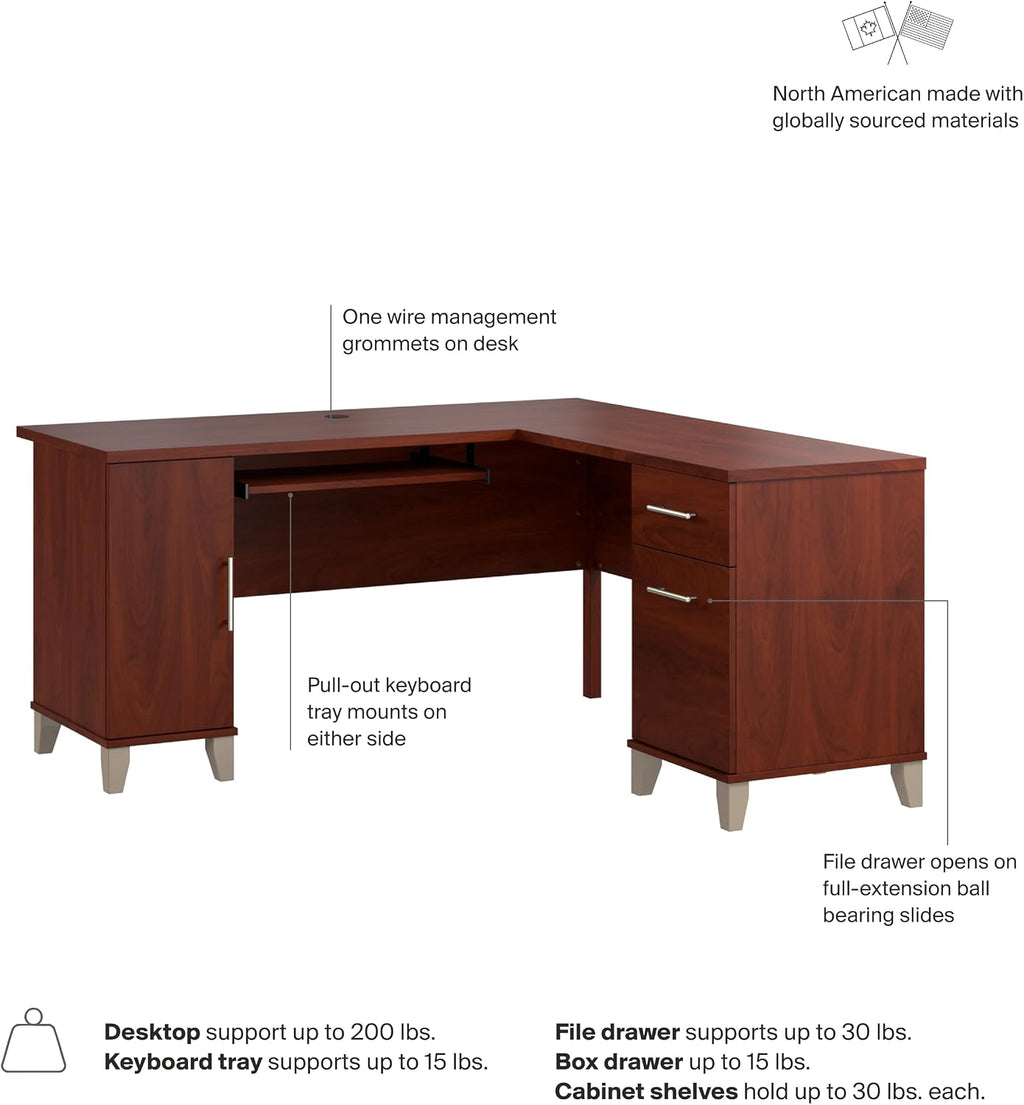 Bush Home 60-Inch L-Shaped Desk with Storage, Corner Computer Office Desk with Drawers and Storage Cabinet, Home Office Furniture, Somerset Collection, Hansen Cherry
