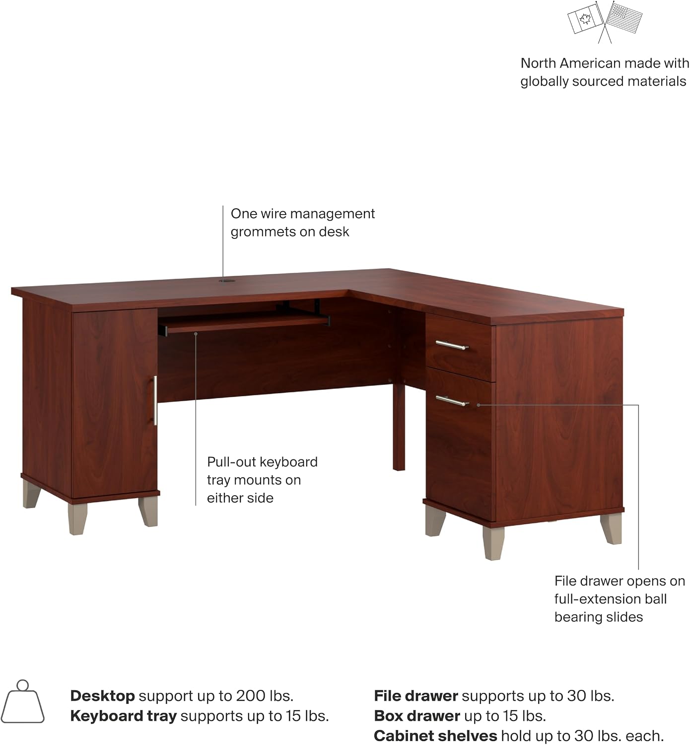 Bush Home 60-Inch L-Shaped Desk with Storage, Corner Computer Office Desk with Drawers and Storage Cabinet, Home Office Furniture, Somerset Collection, Hansen Cherry