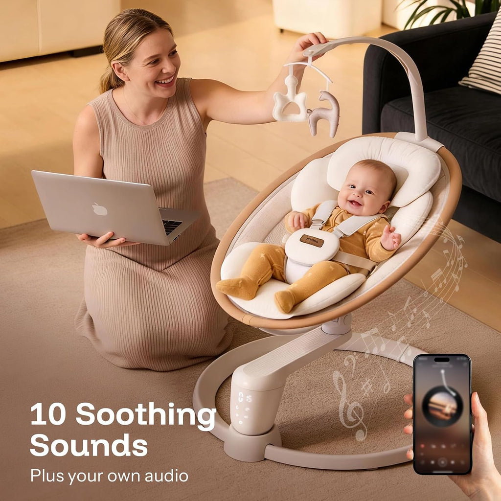 HARPPA Weddell Signature Electric Baby Swings for Infants and Newborns, Eye-Level Baby Swing 5 Speeds and Remote Control 10 Built-in Melodies, 2 Seat Positions & 180° Rotation for Indoor Use,Warm Sand
