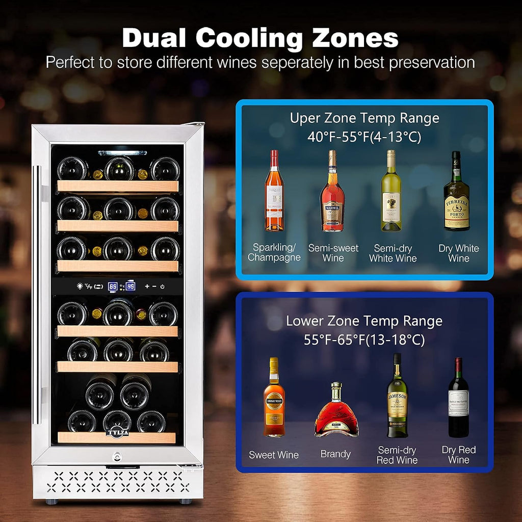 Tylza 15 Inch Wine Fridge, 30 Bottles Dual Zone Wine Cooler Refrigerator, Undercounter or Freestanding, 40-65°F, Wine Cabinet with Tempered Glass Door, Wine Cooler for Home, Kitchen, Bar