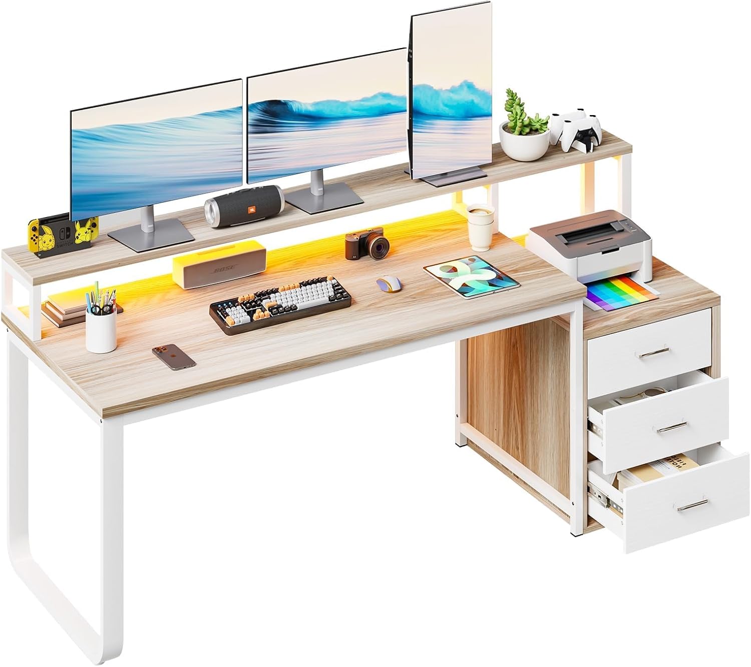 HOMBCK 67' Computer Desk with 3 Drawers, Home Office Desk with Long Monitor Stand and Printer Space, Office Desk with Storage & LED Lights, Writing Desk with Drawers, Walnut and White