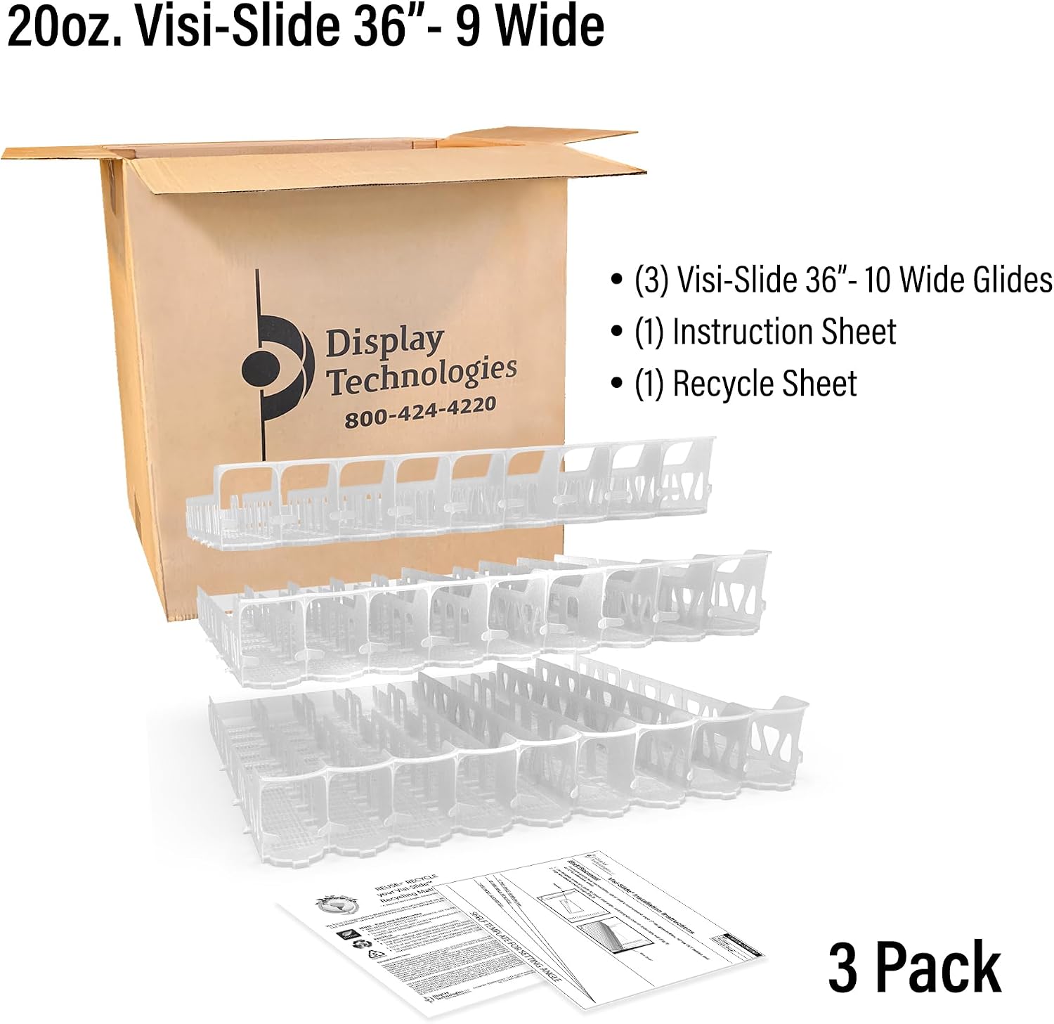 Display Technologies Visi-Slide Gravity Fed Extended Organizer for 20-25oz Beverages on Extended Flat and Angled Shelves in Cold Vaults & Coolers, 9-Wide, 36' Deep Drink Organizer (Pack of 3)