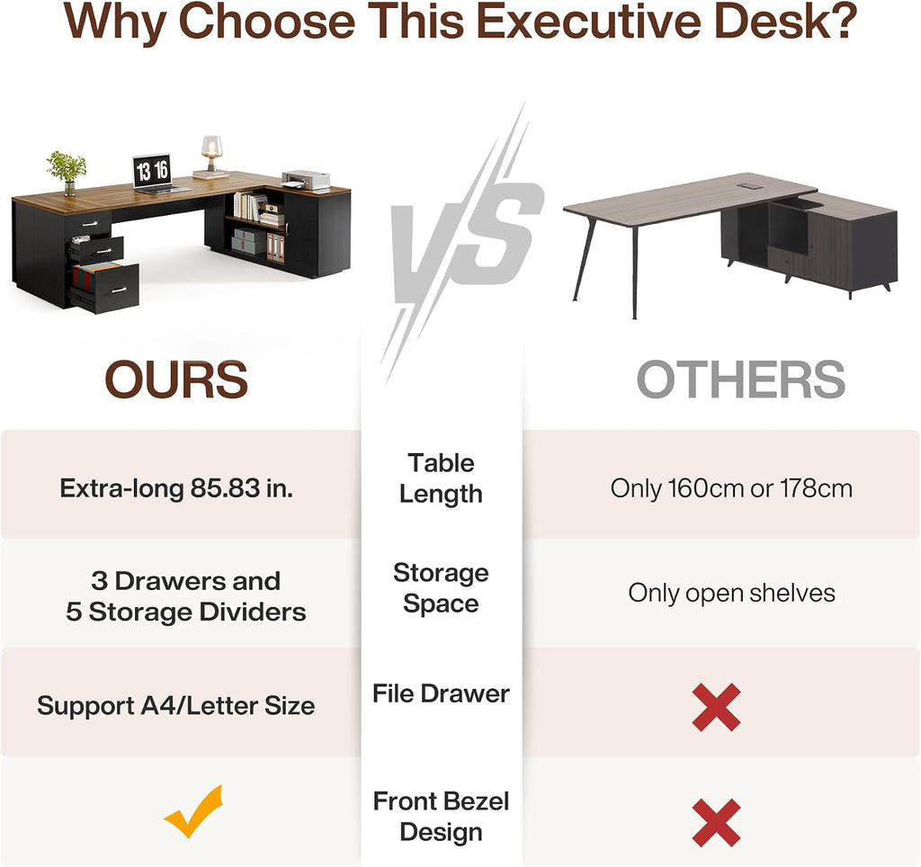 Tribesigns 85.8-Inch L-Shaped Executive Desk with File Drawers, Door Cabinet & Shelves, Extra Large Commercial Office Desk, Modern Professional Office Table, Business Furniture, Warm Brown & Black