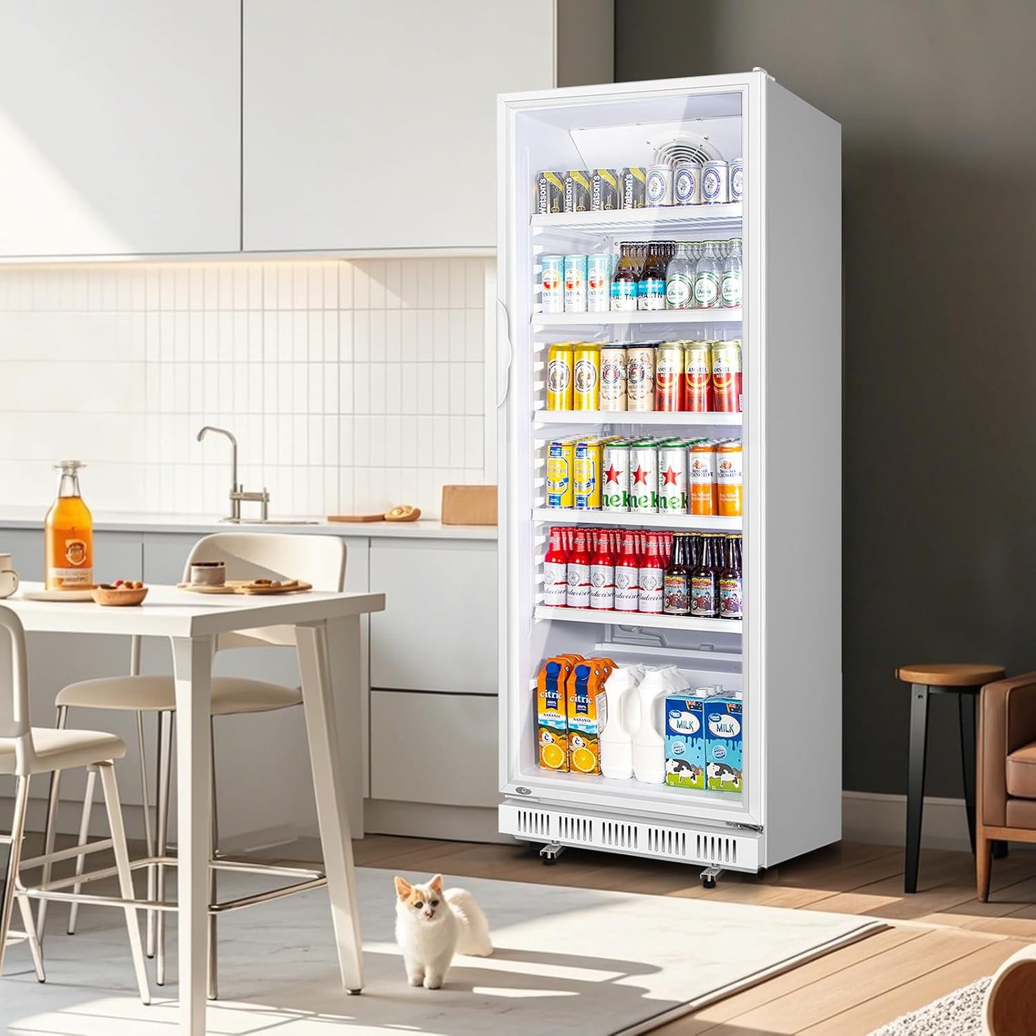 Tylza Commercial Refrigerator with Glass Door Display Beverage Fridge, 360L Upright Beverage Cooler Merchandiser with Rebound Door, Fast Cooling, Low Noise, White