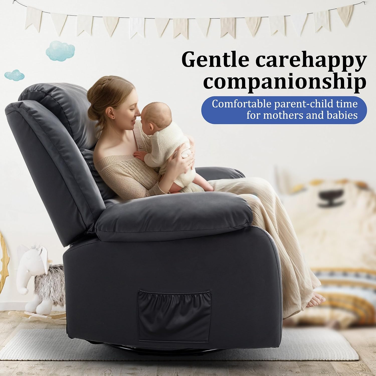 Korser Recliner Chair for Adults, Oversized 360° Swivel Rocker Recliner with Massage and Heat, Wide Nursery Glider Rocking Chair with Side Pockets, Cashmere Reclining Sofa for Living Room (Black)