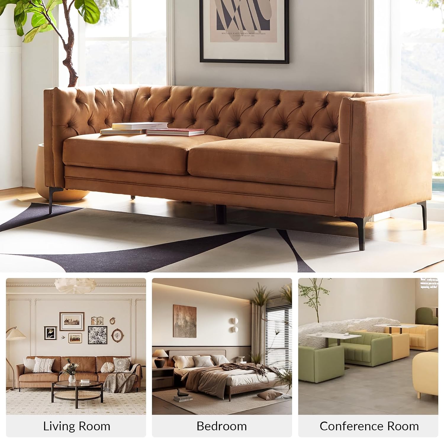 HULALA HOME 84' W Faux Leather Sofa Couch with Metal Legs, Button-Tufted 3-Seater Sofa, Mid Century Modern Upholstered Couch for Living Room, Entertainment Area, Apartment,Camel
