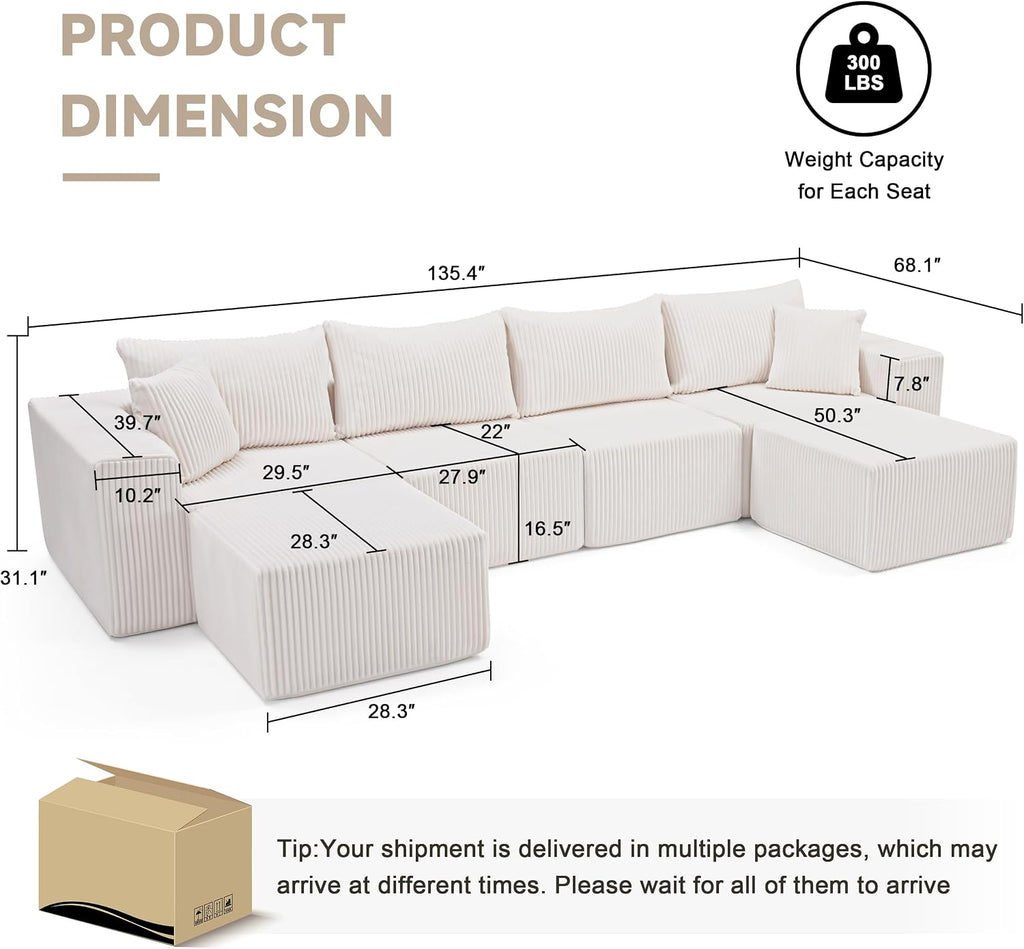 Weture 135.4' Cloud Couch Sectional, Modular Sectional Sofa with Deep Seat, Plush Corduroy U Shaped Boneless Couch, Convertible Sectional Couches for Living Room, 6Seat, Beige