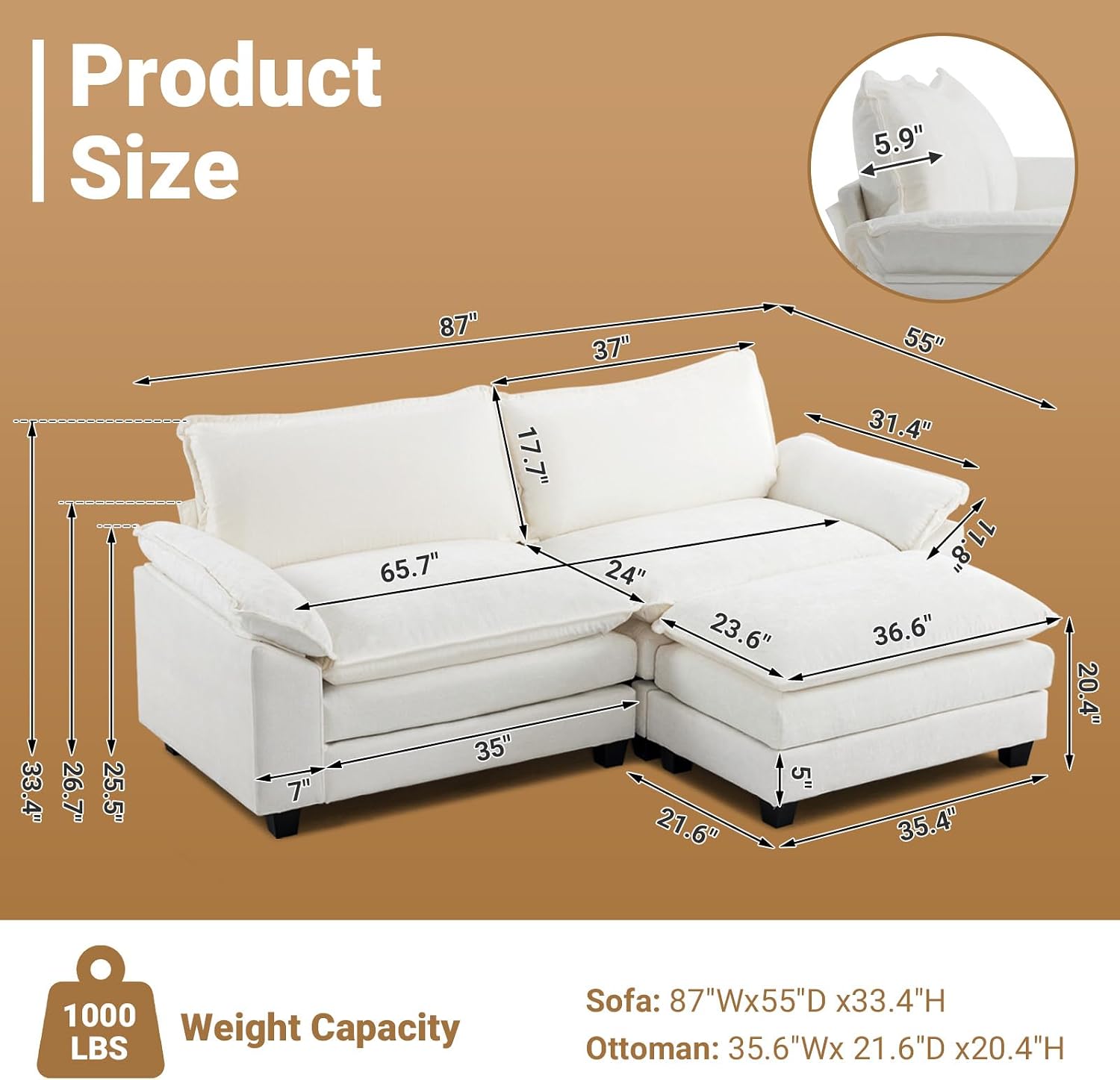 VINGLI 87' Convertible Sectional Sofa,L-Shaped Deep Seat Sofa Couch for Living Room,Modern 2-Seat Loveseat Sofa with Ottoman for Small Space(Creamy White, 87')