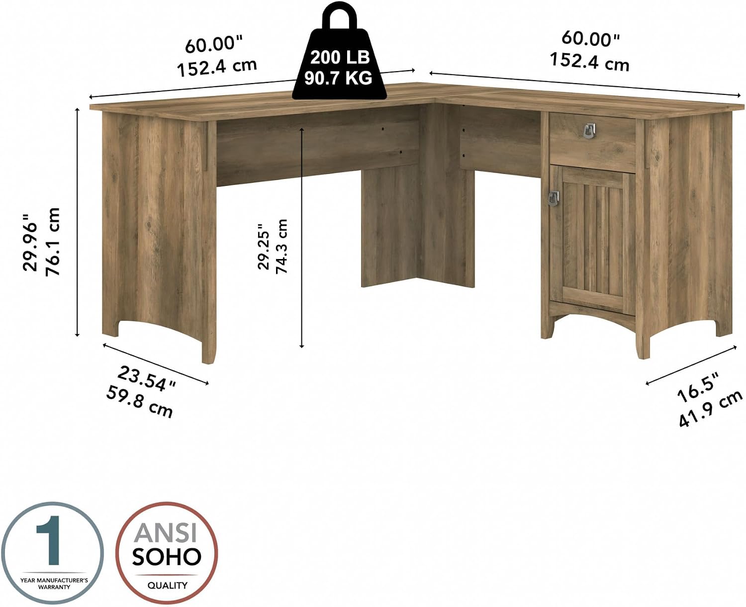 Bush Home L Shaped Desk with Storage for Home Office, Modern Farmhouse Corner Table with Drawers and Cabinets, Salinas Collection, Reclaimed Pine