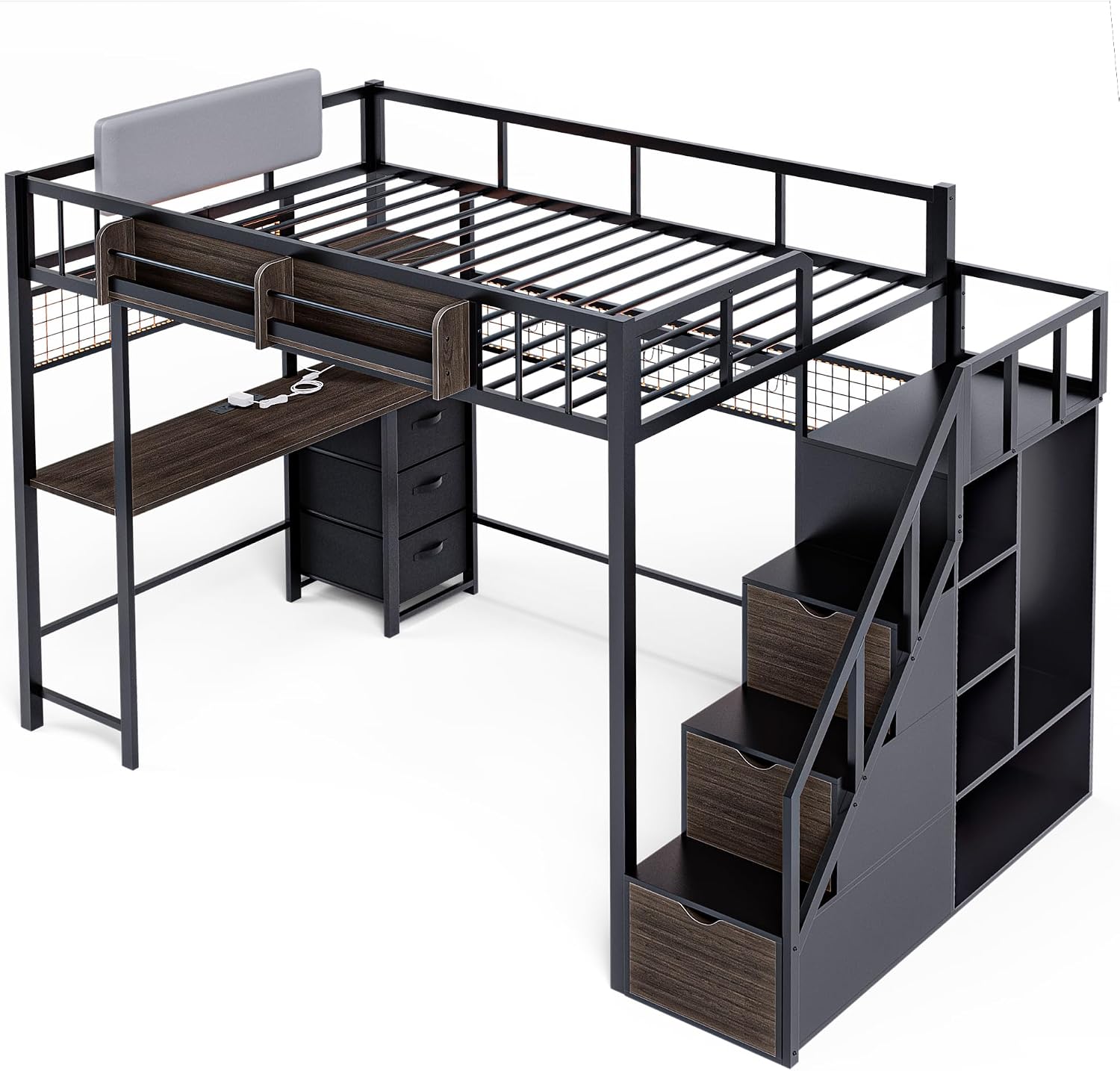 Full Size Loft Bed with Desk and Stairs, Headboard, Wardrobe, Bedside Storage Shelf, 6 Drawers, Charging Station & LED Light, Metal Gaming Loft Bed Frame for Adult Space-Saving, Black & Walnut