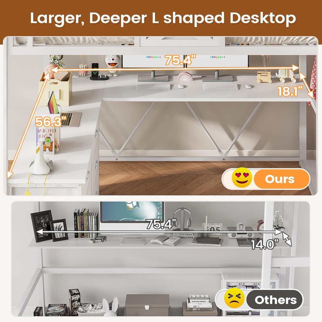 Itaar Full Size Loft Bed with Desk and Storage Stairs, Metal Loft Bed with 6 Storage Drawers, Hall Tree, LED Lights and Power Outlet, for Kids, Teens, Adults, White