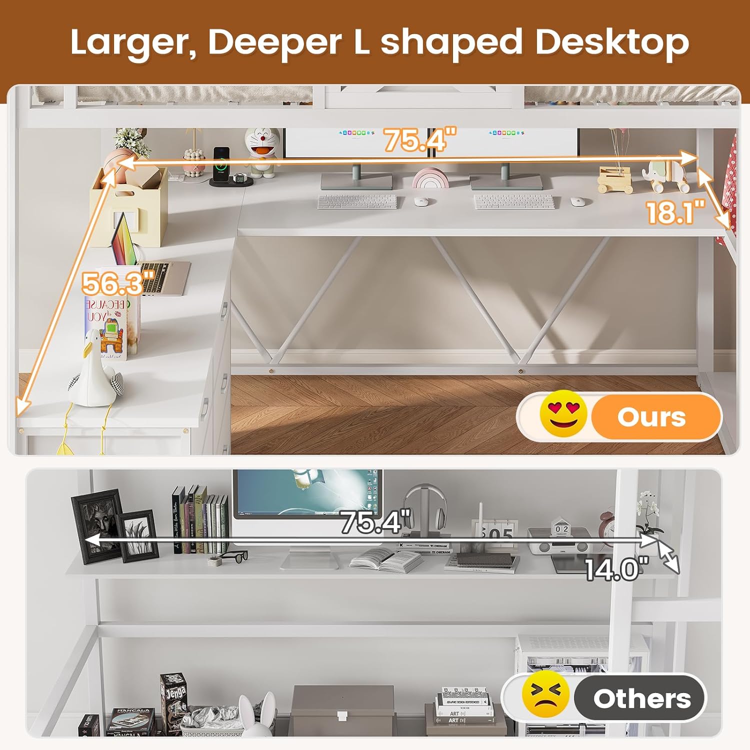 Itaar Full Size Loft Bed with Desk and Storage Stairs, Metal Loft Bed with 6 Storage Drawers, Hall Tree, LED Lights and Power Outlet, for Kids, Teens, Adults, White
