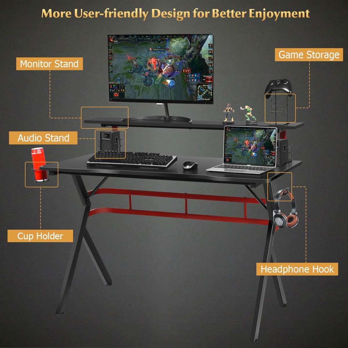 Tangkula Gaming Desk and Chair Set, Ergonomic Gamer Desk & Racing Chair Set Cup Holder, Headphone Hook, Handle Rack & Monitor Stand, Massage & Headrest, Home Office Computer (Blue)