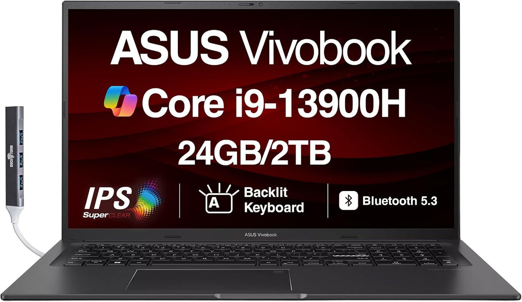 ASUS Vivobook K3704VA-DS96 17X Laptop 17.3' IPS FHD Display (Intel i9-13900H, 24GB DDR4, 2TB PCIe SSD, Intel Iris Xe, Backlit KB, Fingerprint, Webcam, WiFi 6E, Win 11 Pro) with Dockztorm Hub
