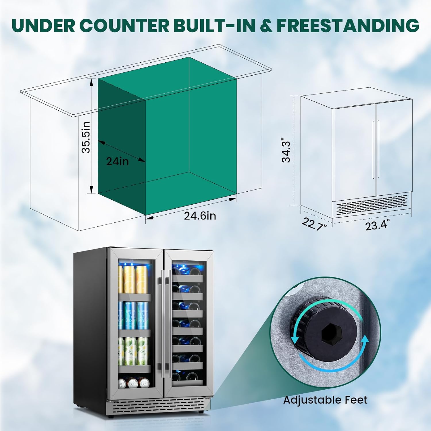 24 inch Wine and Beverage Refrigerator, Upgraded Dual Zone Wine Cooler Refrigerator with Glass Door, 20 Bottles and 88 Cans Beverage Fridge Under Counter or Freestanding for Beer Soda Bar