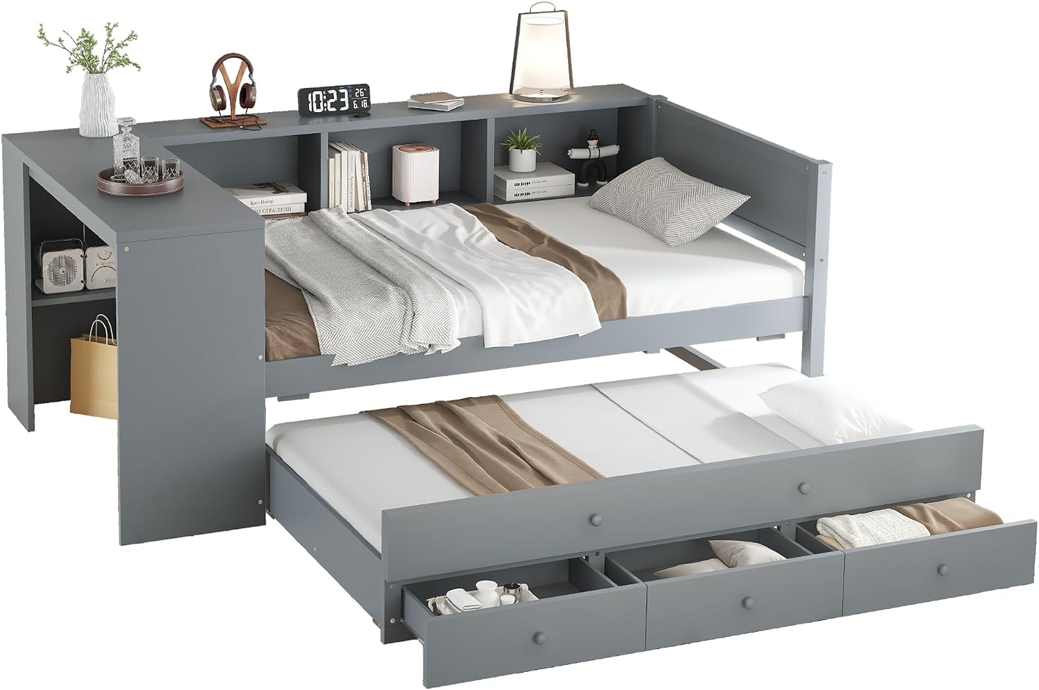 SOFTSEA Twin Size Daybed with Trundle & 3 Storage Drawers, Corner Bed with Desk and Bookcase Headboard, Wooden Daybed with Pull Out Trundle and Storage Shelves for Kids Teens, Grey