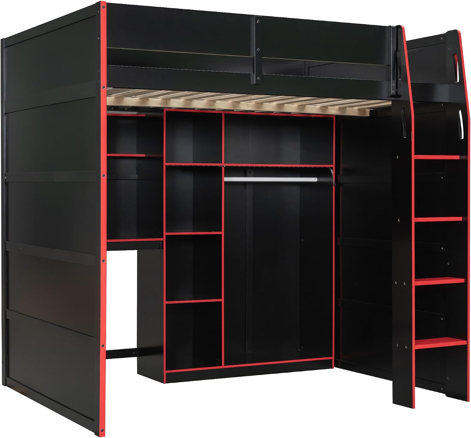 Merax Wood Loft Bed with Desk, Open Wardrobe, Storage Compartments and RGB Lights, Full Size, Red