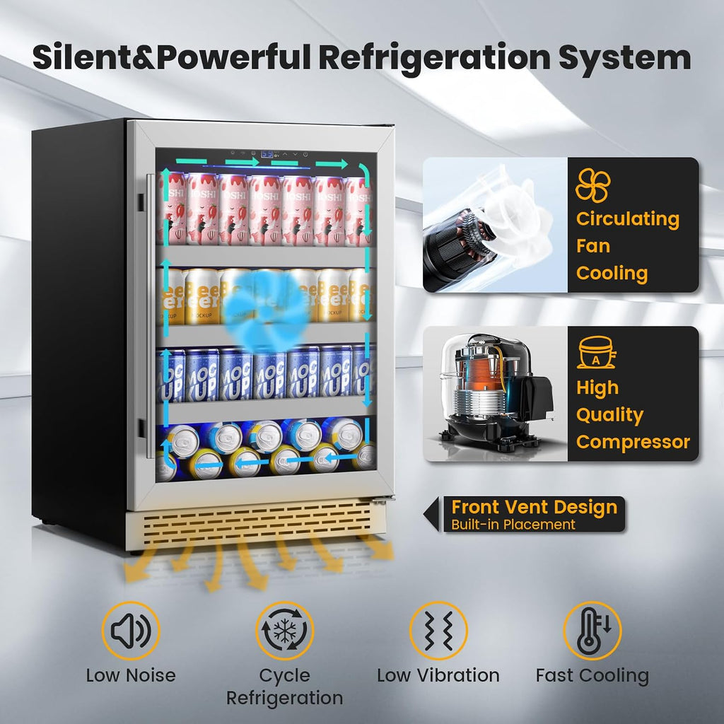 24 Inch Beverage Refrigerator,190 Cans Freestanding/Under Counter Beverage Fridge with Glass Door,Air Cooling Wine Beverage Cooler with Reversible Door,Memory Function for Wine,Beer and Soda