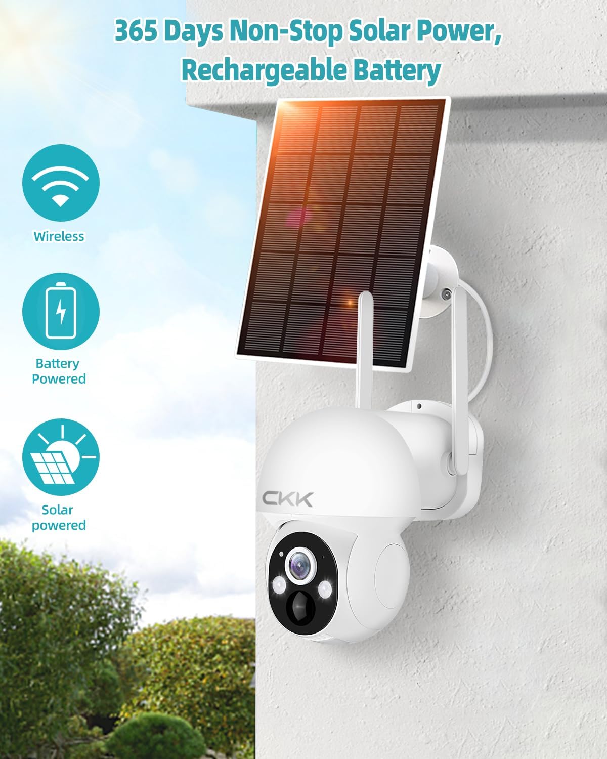 CKK 2.5K Solar Security Cameras Wireless Outdoor,Family Safety System,4 Cameras Kit with Full Color Night Vision,360° View,2.4Ghz WiFi Camera,2-Way Audio,Spotlight,128G Local Storage,No Monthly Fee