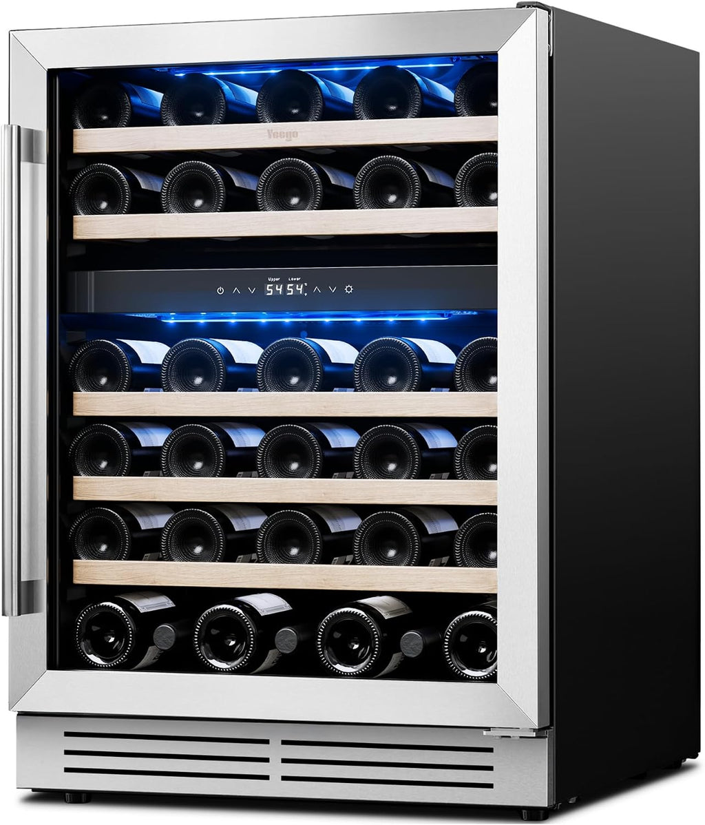 Yeego Wine Fridge Cooler - 24 Inch Dual Zone Wine Fridge Hold 52 Bottles, 40-65°F Wine Refrigerator Glass Door, Built in, Freestanding Under Counter Fridge for Beer Soda Drink Home Bar Office