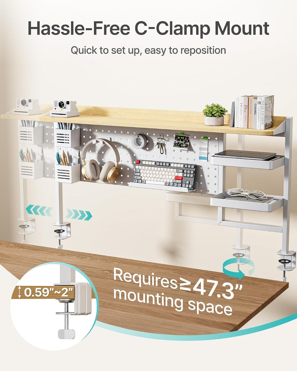PEGZONE Clamp on Desk Shelf, 44' Desktop Shelving System with Pegboard and Accessories, Desktop Organizer with 2-Tier Shelf, Desk Pegboard for Gaming Office, White
