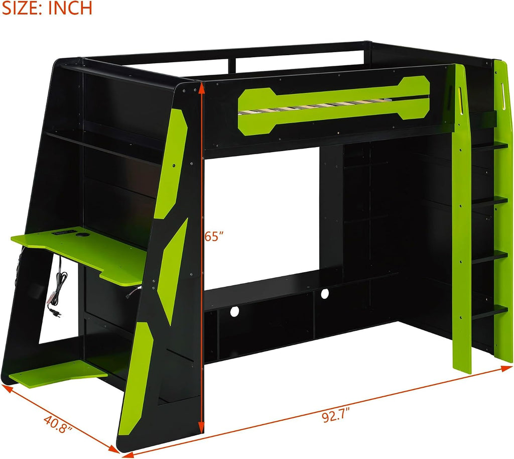 Merax Twin Size Gaming Loft Bed with Desk and Multi-Storage Shelves, Wooden Loft Bed Frmae with Light, Space-Saving Bed with Safety Guardrail