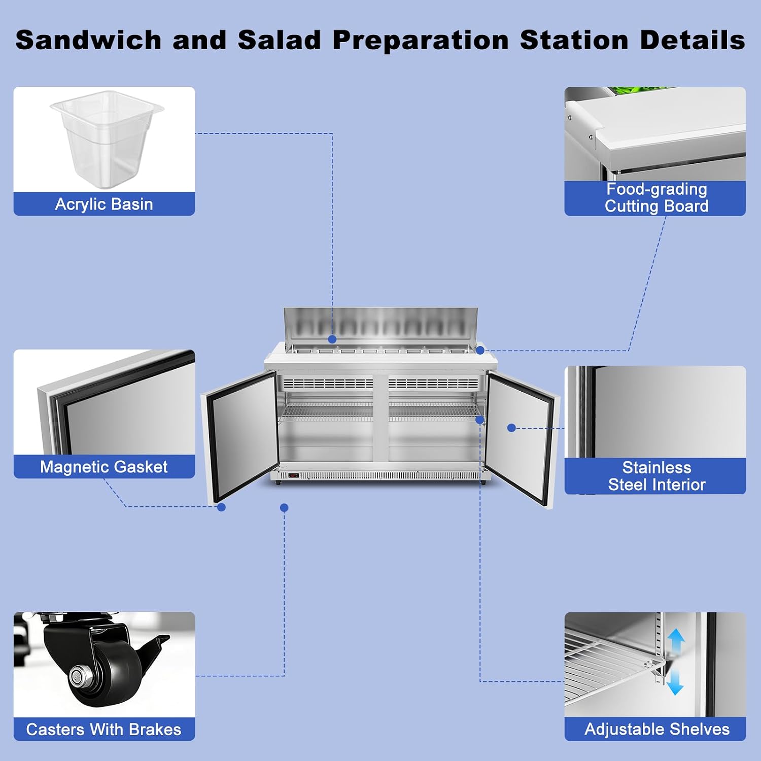 Tylza 60' Commercial Refrigerator, 16.3 Cu.Ft Sandwich Pizza Prep Table, Mega Top Worktop Fridge w/ 16 Pans & Cutting Board, 2-Door Stainless Steel Salad Prep Cooler for Restaurant & Food Truck