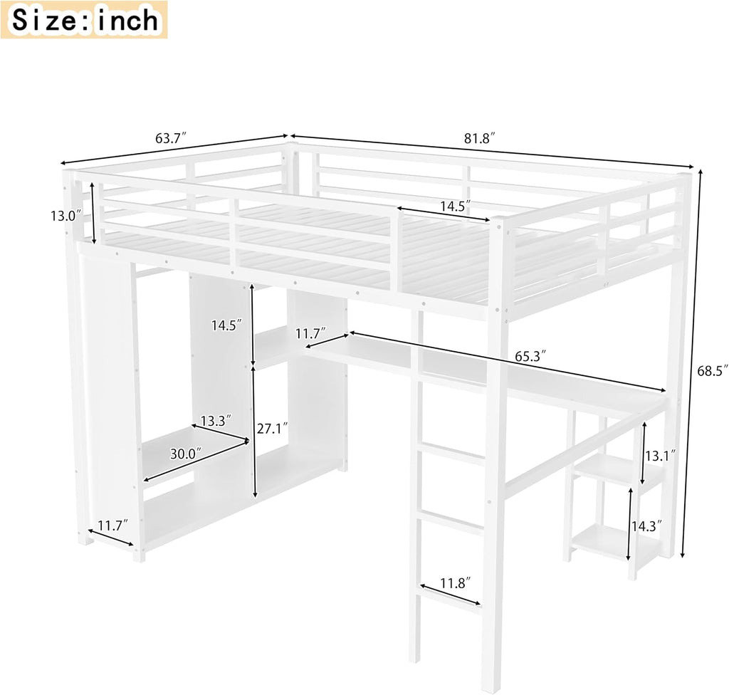Modern Queen Size Metal Loft Bed Frame with Built-in Wardrobe,Desk and Storage Shelves, for Kids Teens Adults Bedroom Use (White#o, Queen)