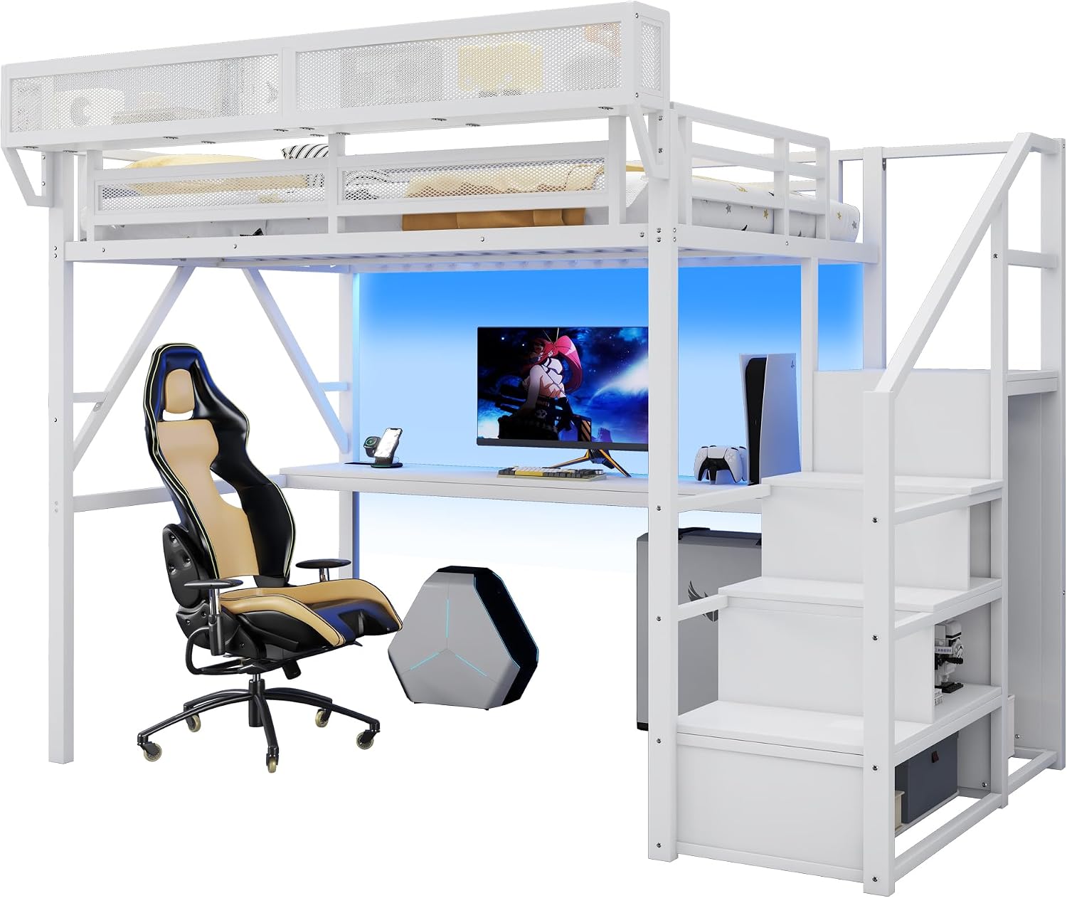 Full Size Loft Bed with Stairs and Desk, Metal Gaming Loft Bed Frame with Bedside Shelf and Light, Heavy-Duty Adults Lofts Beds with Storage Wardrobe & Charging Station, White