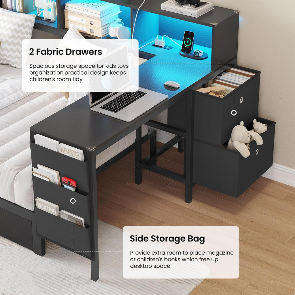 DICTAC Corner Twin Bed Frame with Desk,Charging Station and Bookcase Storage Twin Size Daybed for Kids/Teen with Storage Drawers,Led Lights and Shelves Twin Size Platform Bed Frame with Desk,Black