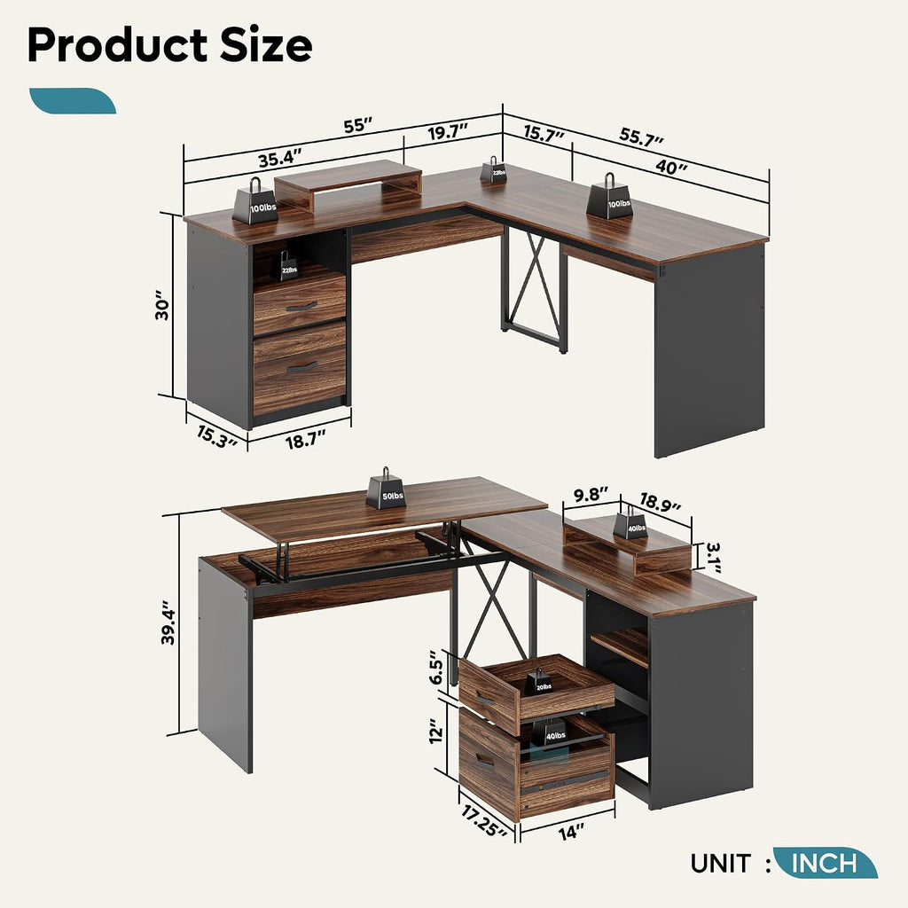 Bestier L Shaped Standing Desk with Lift Top, 55' x 55' Standing Corner Desk for Home Office, Computer Desk with Reversible File Drawer and Monitor Stand, Walnut