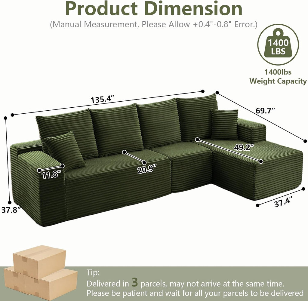 135' Cloud Sectional Couch with L-Shape Chaise, Modern Modular Comfy Sofa Chaise Longue, Upholstered Corduroy Couches Sleeper with Deep Seat for Living Room Bedroom, No Assembly Required, Green