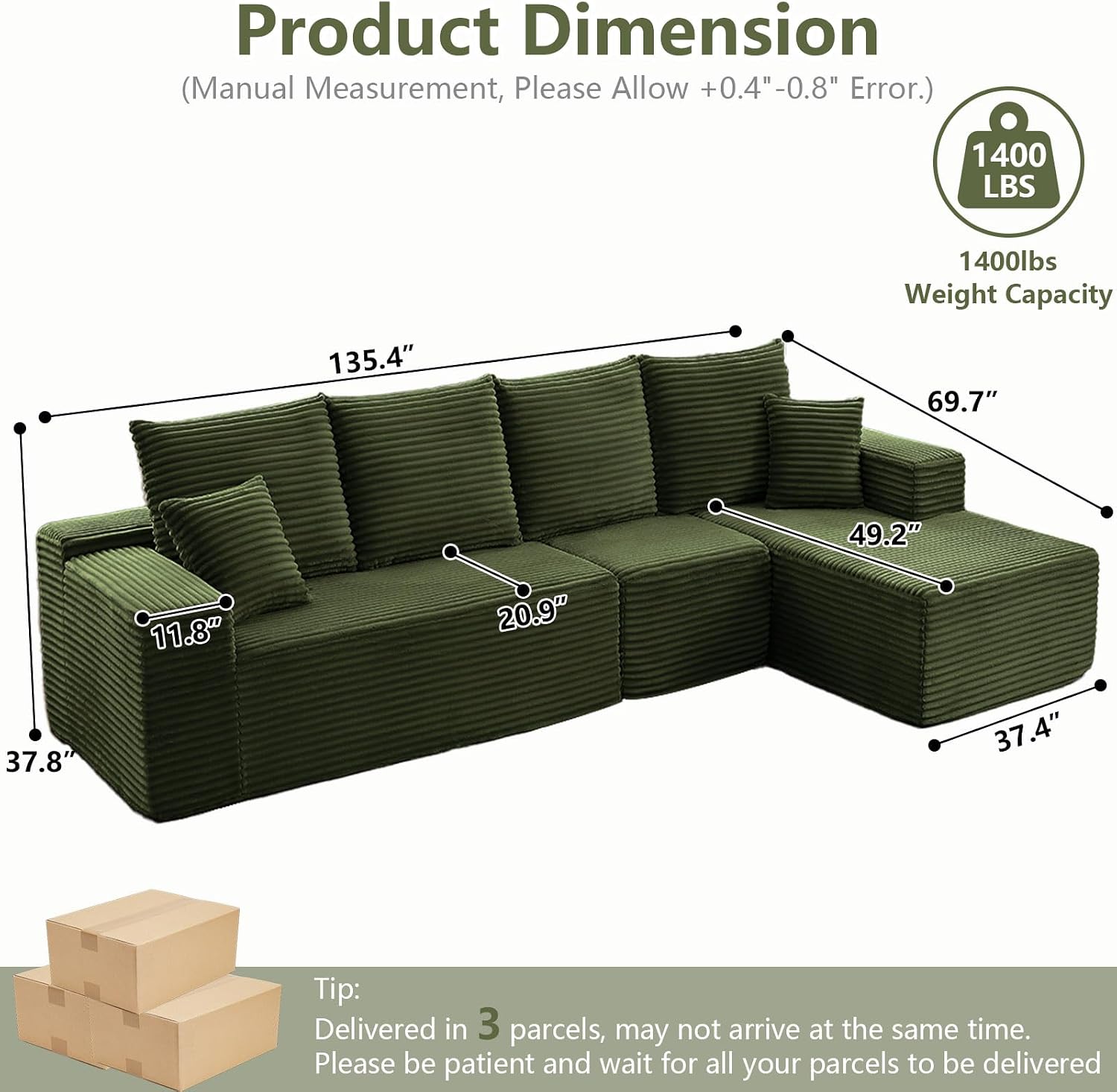 135' Cloud Sectional Couch with L-Shape Chaise, Modern Modular Comfy Sofa Chaise Longue, Upholstered Corduroy Couches Sleeper with Deep Seat for Living Room Bedroom, No Assembly Required, Green