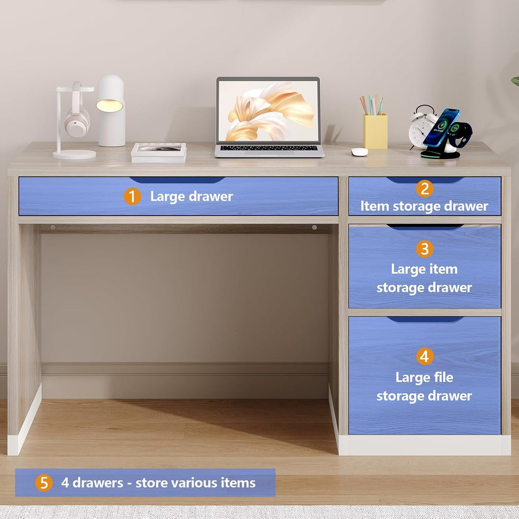 MaverickFurni 52 Inch Desk with 4 Drawers, Computer Desk with Storage File Drawer for Bedroom, Small Office Desk with Storage for Small Space, Light Walnut