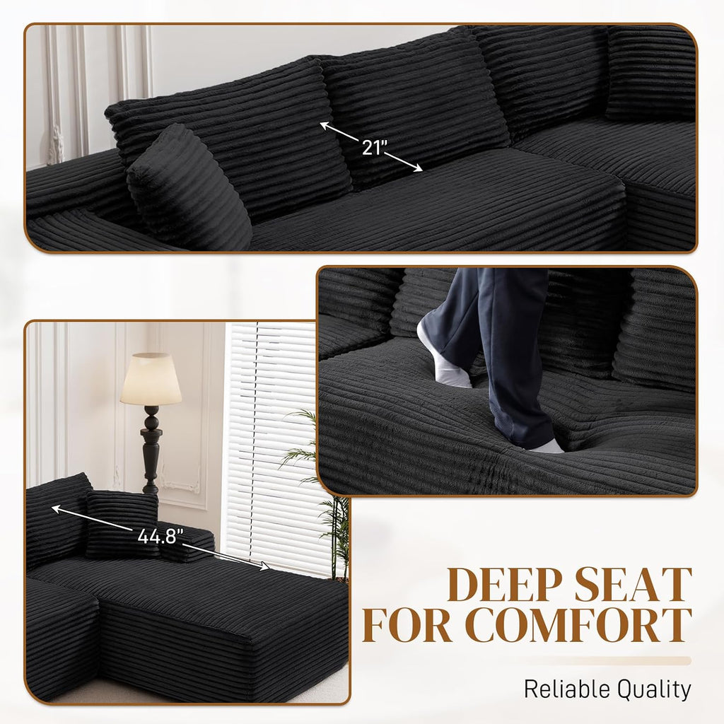 95' L Shaped Boneless Sectional Couches, Wide Armrest, Deep Seat, Memory Foam, Assembly Free, Modern Comfy Corduroy Fluffy Cloud Sofa with Right Chaise for Living Room, Small Spaces, Black