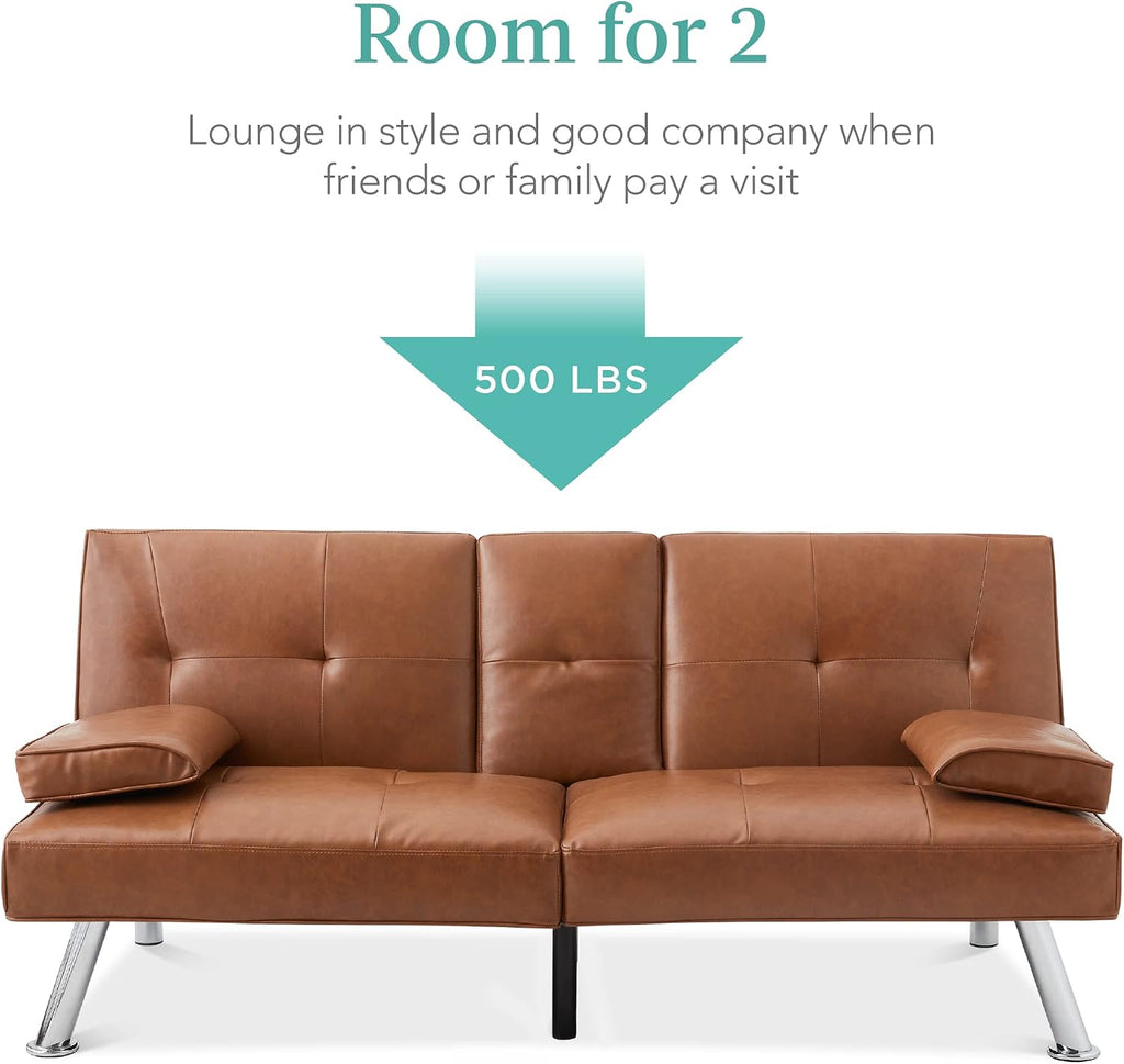 Best Choice Products Faux Leather Upholstered Modern Convertible Futon, Adjustable Folding Sofa Bed, Guest Bed w/Removable Armrests - Tan