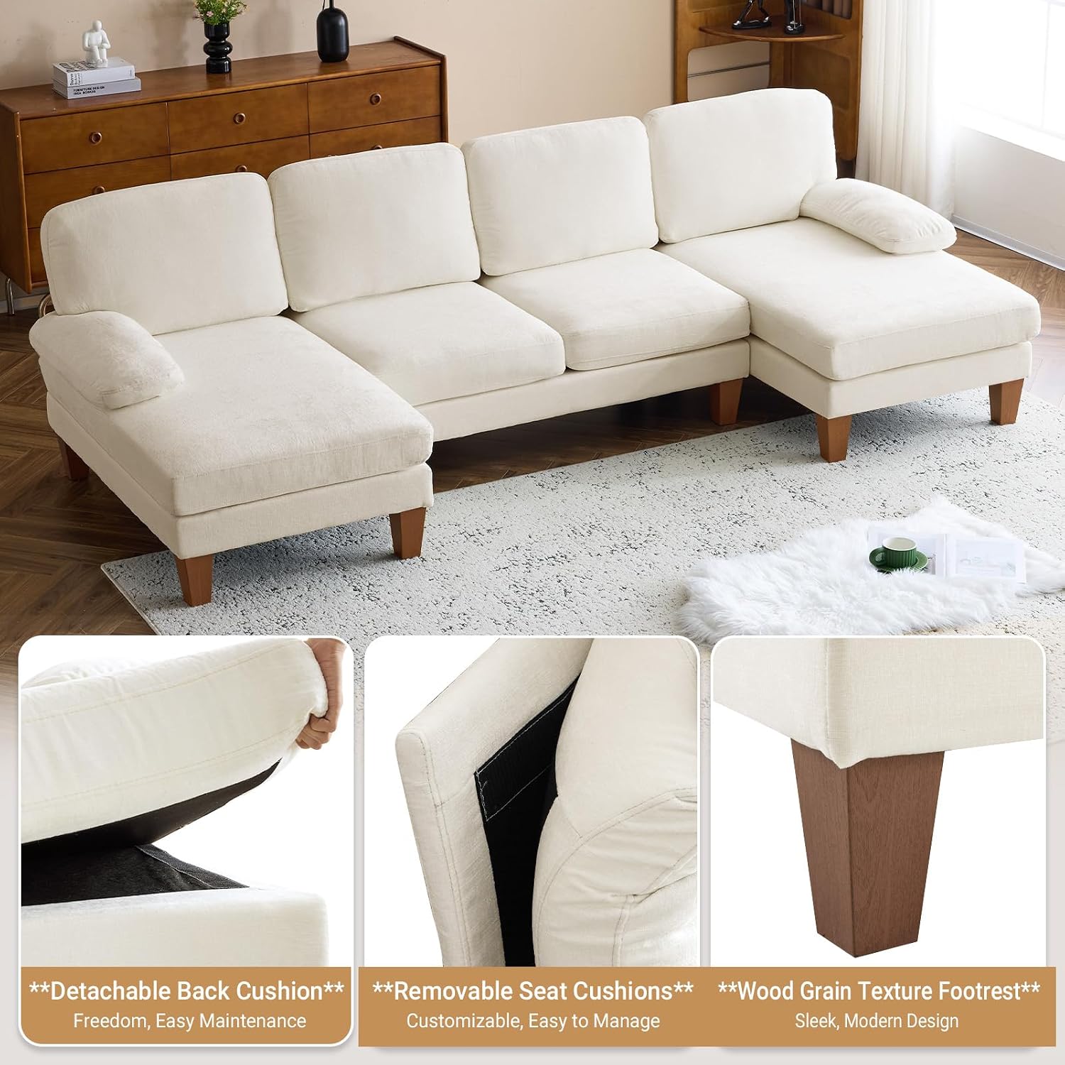 VINGLI 110' Sectional Couches for Living Room,U Shaped Couch with Double Chaise, 4-Seat Sofa Set with Chenille Fabric for Home Furniture,Beige