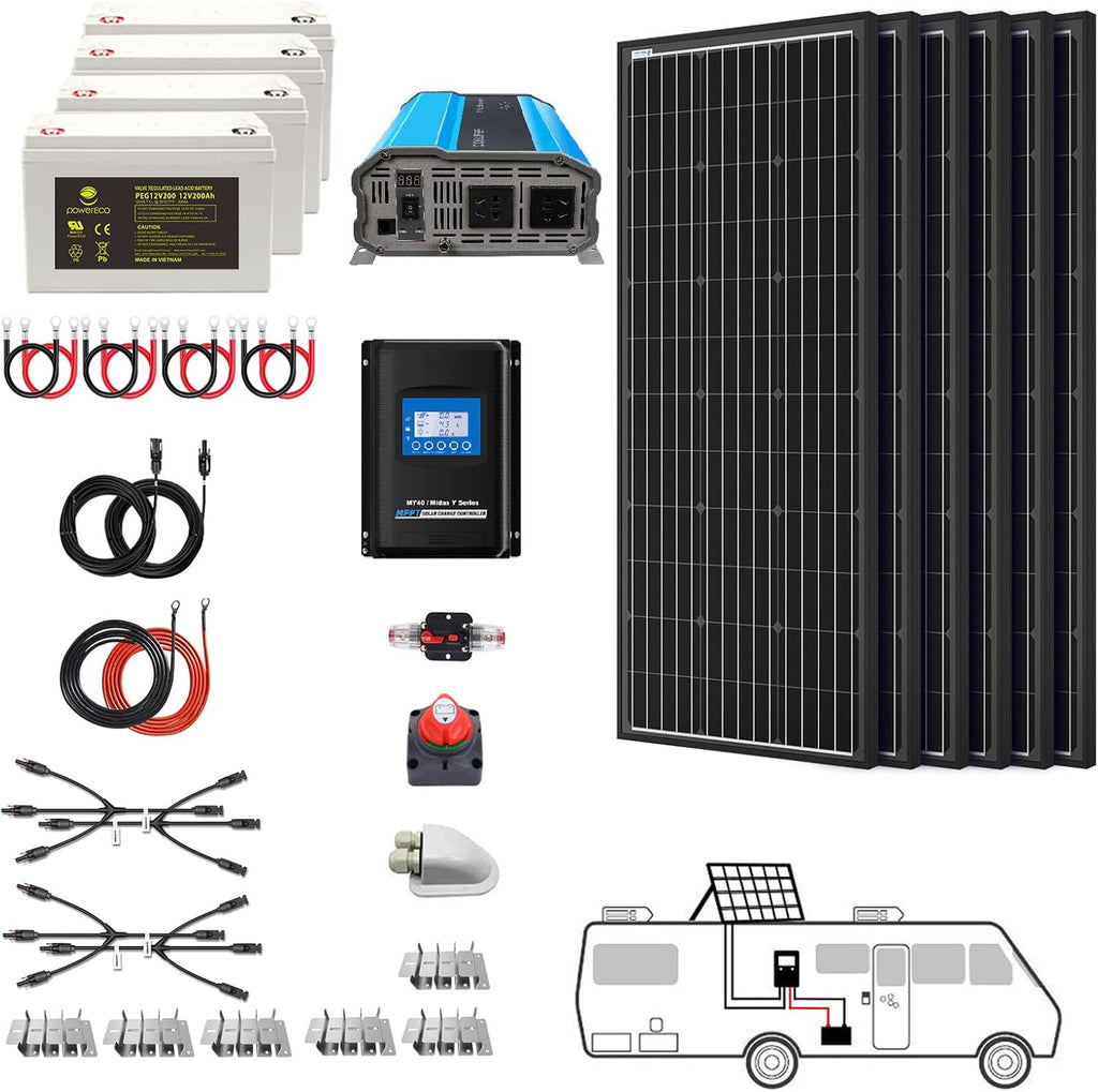 600 Watt (6pcs 100W Mono) Solar Panel Kit + 3000 Watt Power Inverter + Gel Battery Bank for RV, Boat, Cabin, Off-Grid 12 Volt Battery System