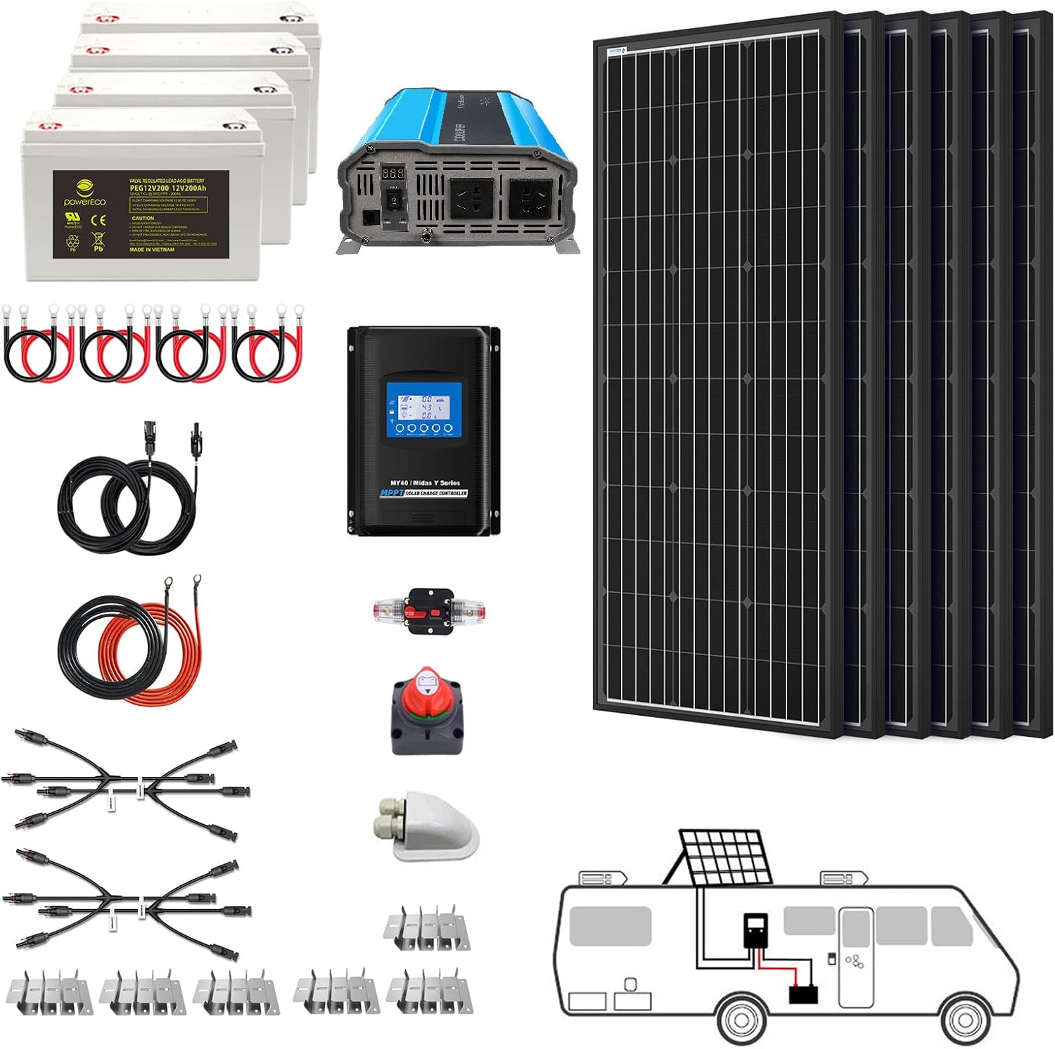 600 Watt (6pcs 100W Mono) Solar Panel Kit + 3000 Watt Power Inverter + Gel Battery Bank for RV, Boat, Cabin, Off-Grid 12 Volt Battery System